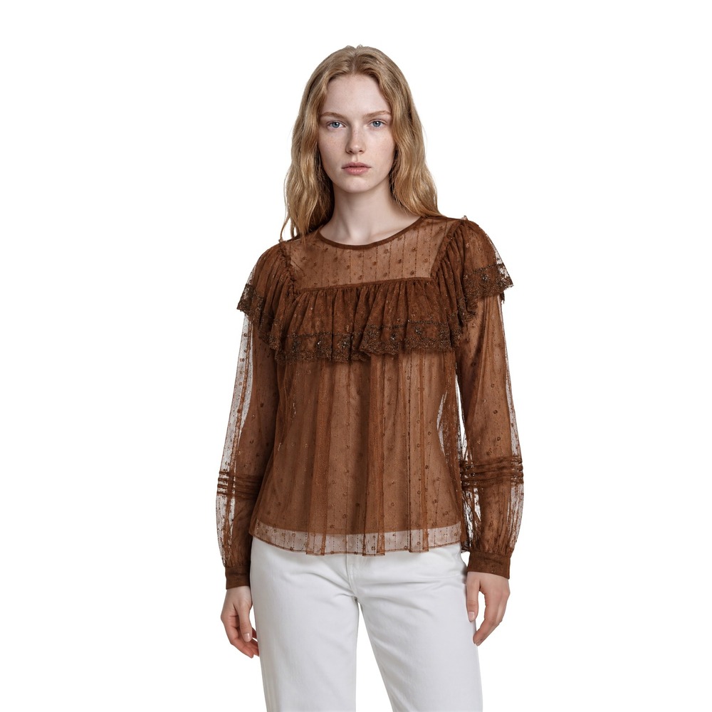 Free‎ People Blouse Women's Size Medium Brown Lace Mesh Sequin Ruffle Sheer Top